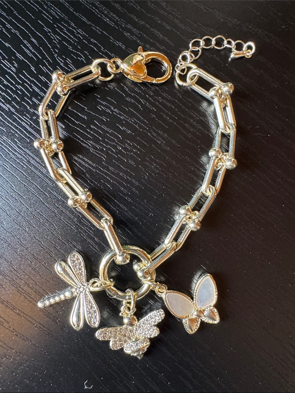 Gold Tone Charm Bracelet with Dragonfly, Bee and Butterfly Charms